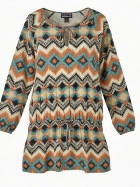Patagonia Kamala Aztec Drop Waist Smocking Peplum Top SZ L Long Raglan Sleeve